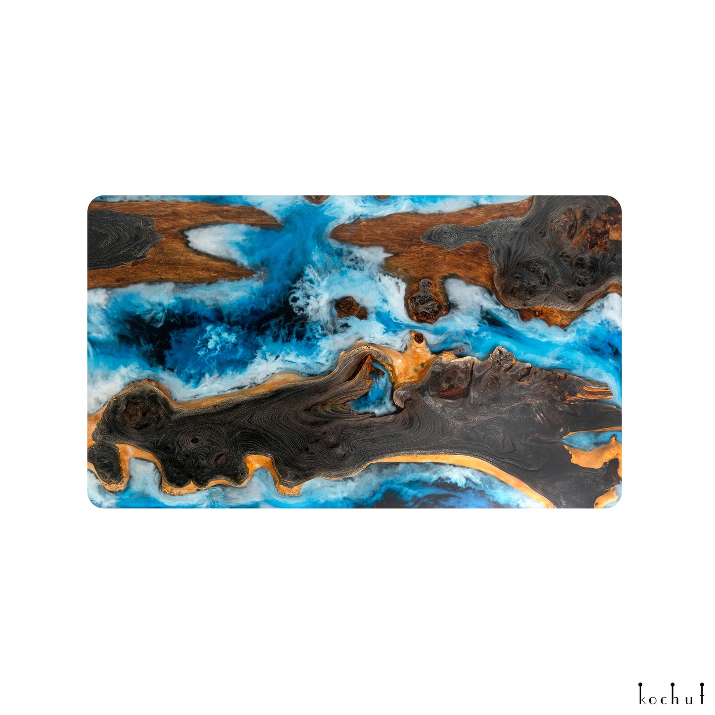 Esstisch «Atlantis». Rock-Eiche, zweistufig, blaue Epoxidharz, Polyurethan (rechteckige Form)